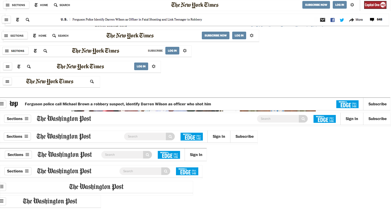 Screenshots responsive navigation from nytimes.com and washingtonpost.com