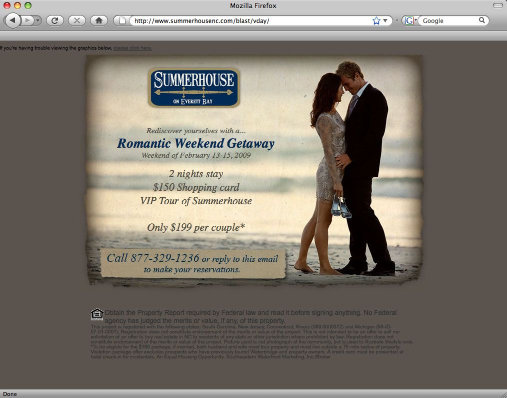 Screenshot of promotional email for a romantic weekend getaway. Photo of a couple standing on the beach.