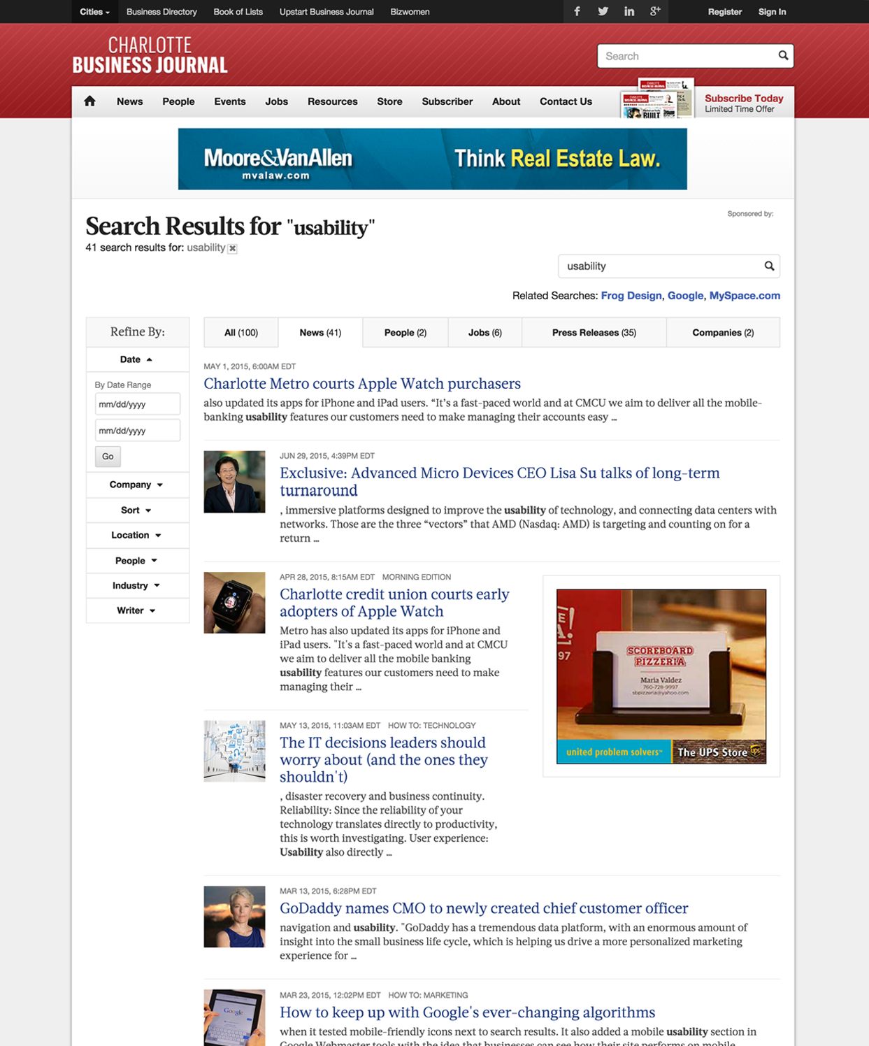 Current screenshot of The Business Journal's Search page, displaying results for the word usability
